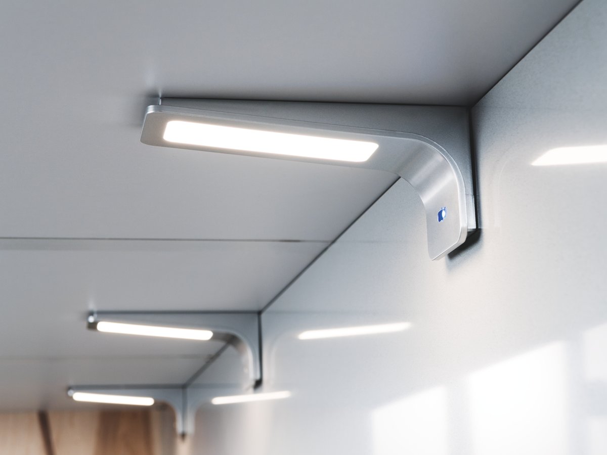 Appliques LED posées sous les meubles hauts de la cuisine Arcos Ikori Lazer Celest.